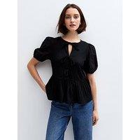 New Look Black Tie Neck Peplum Top