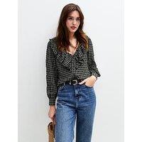 New Look Checked Frill Trim Top - Black