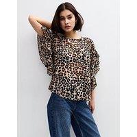 New Look Leopard Print Frill Sleeve Blouse - Brown