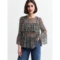 New Look Ditsy Floral Print Chiffon Blouse - Black