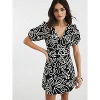 River Island Puff Sleeve Floral Mini Dress - Black