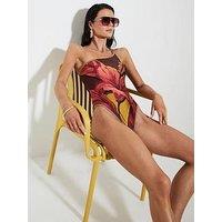 River Island One Shoulder Flower Swimsuit - Brown