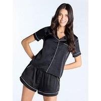 Boux Avenue Luxe Satin Short Sleeve Revere & Short Set - Black