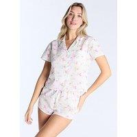 Boux Avenue Cotton Floral Ss Revere & Short Set - Ivory Mix