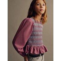 Mango Girls Shirred Long Sleeve Blouse - Dark Pink