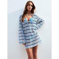 New Look Blue Striped Crochet Kaftan Beach Cover Up Dress