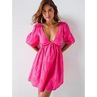 V By Very Puff Sleeve Broderie Dress - Pink