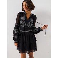 V By Very Embroidered Tie Neck Mini Dress - Black