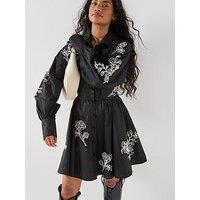 V By Very Contrast Embroidered Mini Shirt Dress - Black