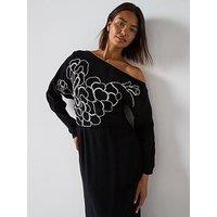 V By Very One Shoulder Drape Midi Dress - Black