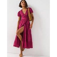 V By Very Wrap Embroidered Tiered Midi Dress - Pink