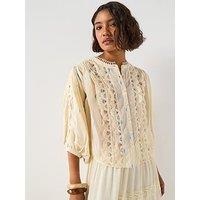 V By Very Lace Insert Balloon Sleeve Foil Blouse - Cream