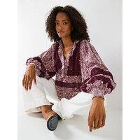 V By Very V Neck Ruffle Lace Insert Blouse - Print