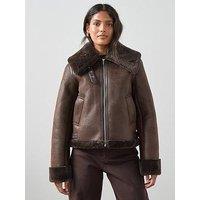 The Very Collection Faux Shearling Aviator Jacket - Brown