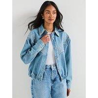 V By Very Embroidered 80S Denim Jacket With Pearl Details - Mid Wash