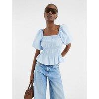 River Island Puff Sleeve Shirred Top - Blue