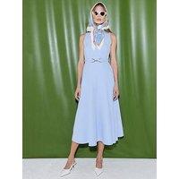 River Island Boat Neck Belted Midi Dress - Blue