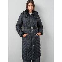 V By Very Faux Fur Trim Belted Padded Coat - Black