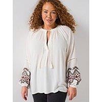 V By Very Curve Embroidered Long Sleeve Tassel Trim Blouse - Cream