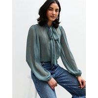 New Look Crinkled Pussybow Blouse - Blue