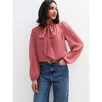 New Look Crinkled Pussybow Blouse - Pink