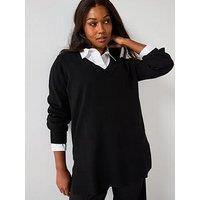 V By Very Curve Classic Comfort V Neck Split Hem Longline Jumper - Black