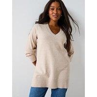 V By Very Curve Classic Comfort V Neck Split Hem Longline Jumper - Beige