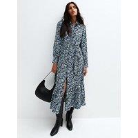New Look Floral Print Tiered Midi Shirt Dress - Blue