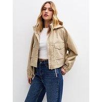 New Look Stone Cropped Hooded Parka Jacket - Beige