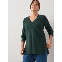 V By Very Curve Classic Comfort V Neck Split Hem Longline Jumper - Green