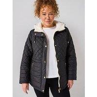 V By Very Curve Quilted Fleece Lined Coat - Black