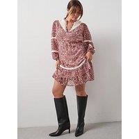V By Very Curve Lace Insert Frill Mini Dress - Print