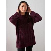 The Very Collection Timeless Yarn Crew Neck Turn Up Cuff Cable Jumper - Burgundy