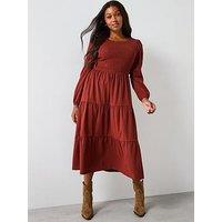 V By Very Curve Shirred Bust Tiered Maxi Dress - Brown