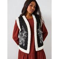 V By Very Curve Embroidered Faux Fur Gilet - Black
