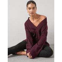 The Very Collection Timeless Yarn Deep Rib Longline V Neck Jumper - Burgundy