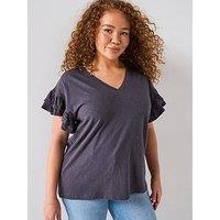 V By Very Curve Frill Stud Detail T-Shirt - Dark Grey