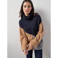 The Very Collection Roll Neck Turn Up Cuff Colourblock Oversized Jumper With Wool - Multi