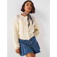V By Very Crew Neck Rose Button Textured Knitted Cardigan - Cream