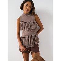 V By Very Fringe Detail Sleeveless Knitted Jumper - Brown