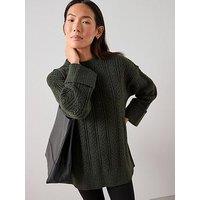 The Very Collection Timeless Yarn Crew Neck Turn Up Cuff Cable Jumper - Dark Green