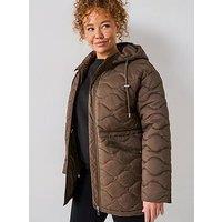 V By Very Curve Quilted Cinched Waist Jacket - Khaki