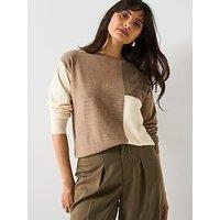 V By Very Classic Comfort Crew Neck Colour Block Jumper - Neutral - Beige