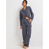 V By Very Marl Stripe Soft Touch Revere Pyjama Set - Navy