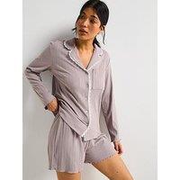 V By Very Long Sleeve Jersey Ribbed Short Pj Set - Grey