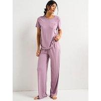 V By Very Short Sleeve T-Shirt With Wide Leg Satin Trim Pyjama Set - Purple