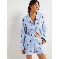 V By Very Strawberry Woven Revere Short Pj Set - Blue