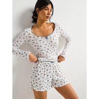 V By Very Floral Henley Short Pyjama Set - White