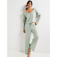 V By Very Pointelle Henley With Floral Woven Wide Leg Pyjama Set - Green