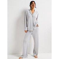 V By Very Stripe Soft Touch Jersey Revere Pyjama Set - Dark Grey